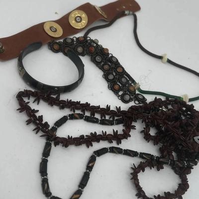Earth Tone Jewelry Lot with Leather and Seed Beads - Necklace Bracelet