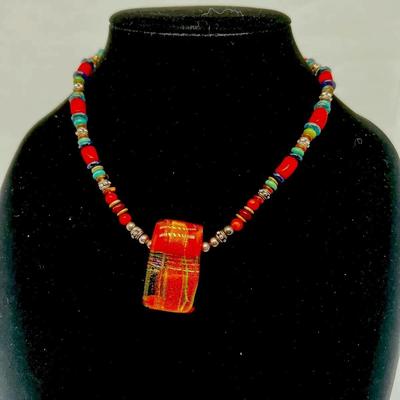 Sterling Orange Fused Glass Necklace 15 inches with Beautiful Lizard Clasp