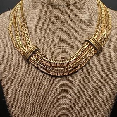 1950s Metal Gold Tone Flat Chain Necklace Herringbone Collar