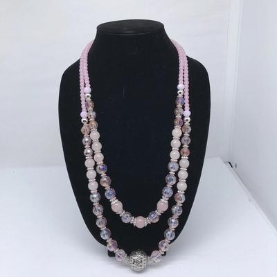 Chunky Pink Silver Tone Multi Strand Large Bead Necklace 26" Long Adjustable