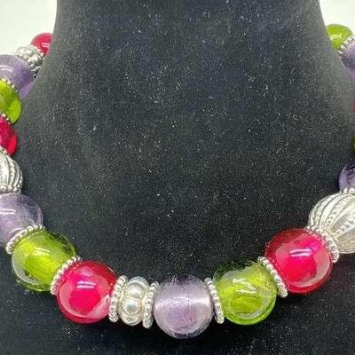 Chunky Colorful Necklace with Round Glass Beads - Purple Green and Pink 16" 