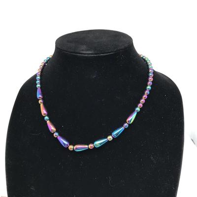 Iridescent Rainbow Bead Necklace Magnetic with Clasp 17" Shades of Purple & Blue