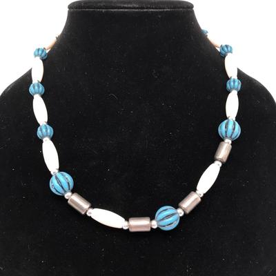 Teal White Bead Necklace 20 Inch Long 925 Sterling Clasp