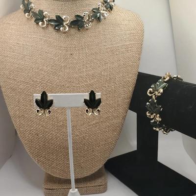 1950s Thermoset Jewelry Set with Green Leaves - Includes Necklace Bracelet and Earrings Hook Clasp