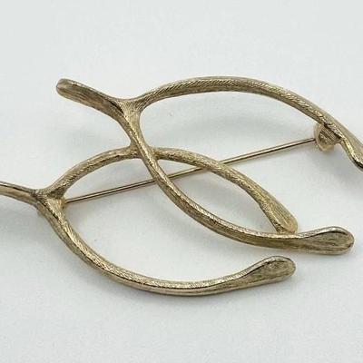 Judy Lee Brooch Gold Tone Double Wishbone Pin Lucky