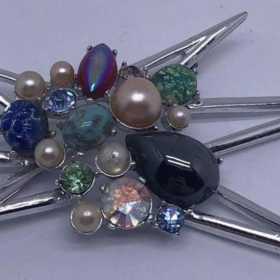 Large Mid-Century Starburst Brooch Multi Color Cabochon Center