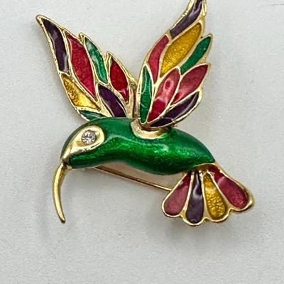 Rhinestone Green Hummingbird Bird Brooch