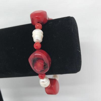 Red Coral & Pearl Bracelet with a Toggle Clasp