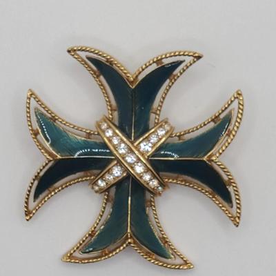 Monet Maltese Cross Green Enamel with Rhinestones Stunning Vintage Piece