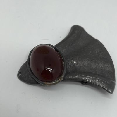 Kate Hines Carnelian Brooch Silver Tone Metal