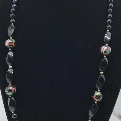 Black Glass Bead Necklace Pink Flower Beads 31 Inches