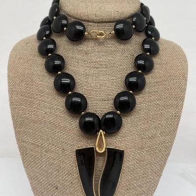 Trifari Black Enamel Pendant Necklace 30 inches Vintage