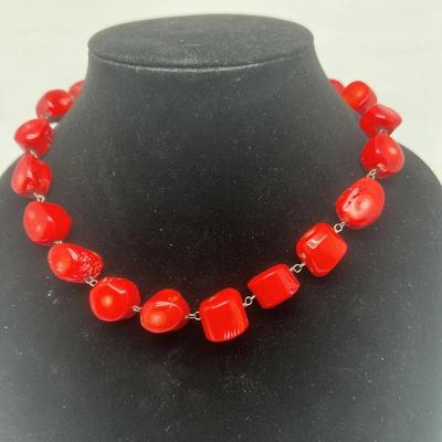 925 Chunky Red Coral Necklace with Sterling Silver Chain 17 inches
