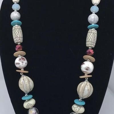 Large Glass Beaded Pendant Necklace with Gold Flecked Carved Beads 28" Adjustable
