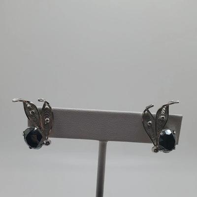Sterling Silver Vintage Earrings Black Cut Hematite Open Filligree