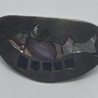Sterling Silver Abalone Fish Brooch Pin 3.3g Artist Signed Mexico 