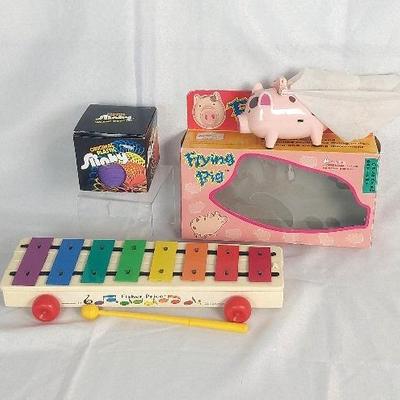 Vintage 85 Fisher Price Xylophone, Slinky in Box & Flying Pig in Box