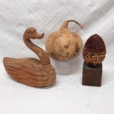 Hand Carved Wooden Swan, Large Dried Gourd, Pheasant Feather Egg