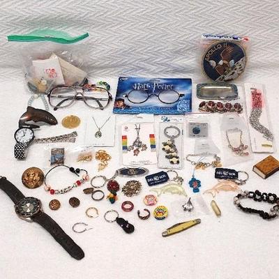 Assorted Jewelry, Keychains, Watches, Pins, Buttons, and More!