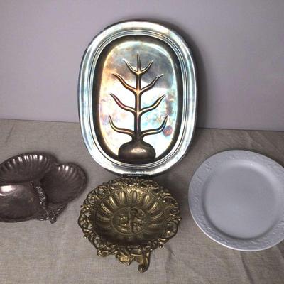 Vintage Brass Pedestal And Serving Platters 