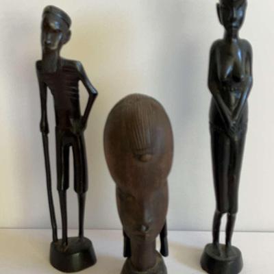 Hand Carved Wooden Vintage African Human Figures and Head -- ~1 ft tall!