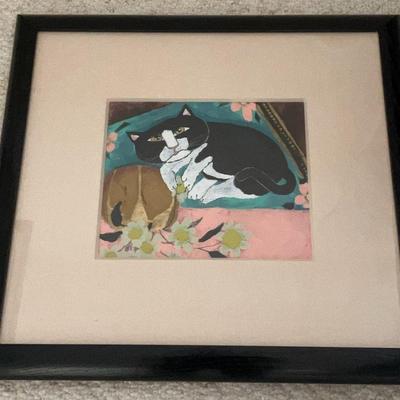 Framed Artwork - Cat With Flowers 