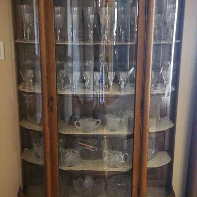 Antique Clawfooted Tigerwood Oak Curved Glass Display Cabinet