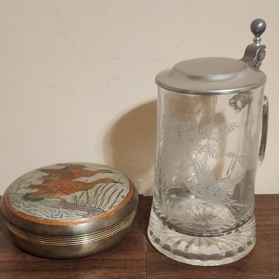 Vintage Indian Brass Trinket Box And W.Germany Glass Stein