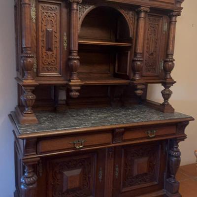 Stunning Ornate Antique Buffet With Marble Top