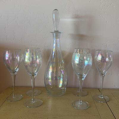 Shimmery Carnival Glass - 6 Wine Glass and Wine Carafe