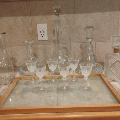 Crystal Port Glasses On Serving Tray, 4 Decanters, 2 Carafe