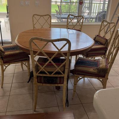 Oak Kitchen Table 60 X 46 With A 12 Inch Leaf With Six Bamboo Chairs Double Cushioned
