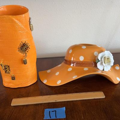 Orange, Ceramic Vase And Wall Hanging Of Polkadotted Hat