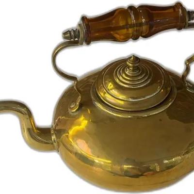 Antique J.C B James Clews Birmingham Brass Tea Pot with Amber Glass Handle
