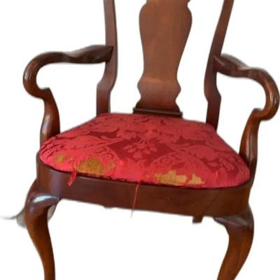 Antique Hickory Chair Company Armchair with Red Damask Upholstery
