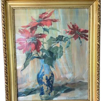 Poinsettia Still Life by Anna Gasteiger Print in Ornate Gold Frame - 23” x 19”


