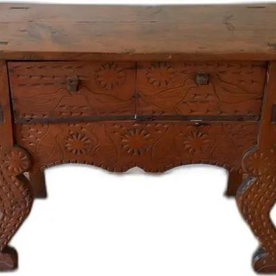 Antique Hand-Carved Wooden Side Table - H26” x W34” x D16 1/2”