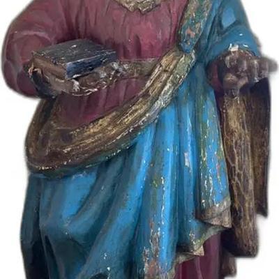 Antique Polychrome Wood Saint Sculpture
