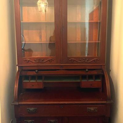 Antique Carved Roll Top Secretary Desk with Bookcase Top