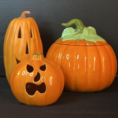 Ceramic Jack-O’-Lanterns (2) & Pumpkin Cookie Jar