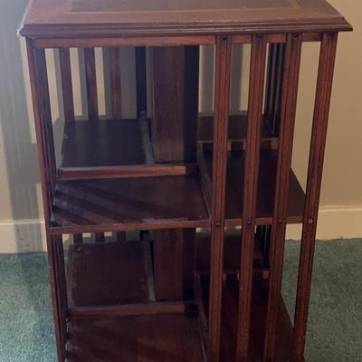 Rotating Wooden Bookcase with Inlaid Design