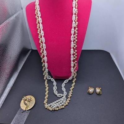 Napier Faux Tiny Pearls Necklace, 12k Gold Filled Brooch Plus