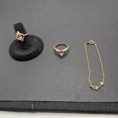 Sterling Silver Ring With Orange Stone And CZs, Goldtone Purple Stone Ring, Avon Bracelet With Green