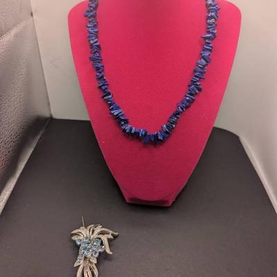 Coro Blue Rhinestones Pin, Lapis Lazuli Chip Necklace 