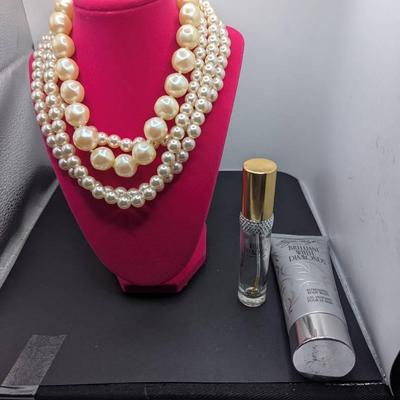 Elizabeth Taylor Body Wash & Empty Perfume, Large Faux Pearls, 3 Strand Faux Pearls