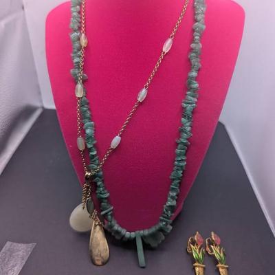 Green Fluorite Sterling Clasp Necklace, Vintage Monet Aventurine Stones Necklace Plus