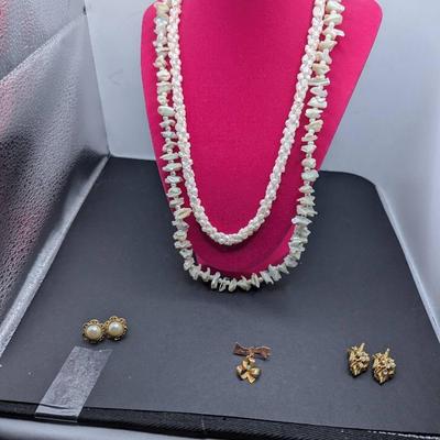 Freshwater Pearls, Chip Stone Necklace, Faux Pearl Clip ER, Vintage GT Bow Brooch Plus