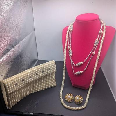 1940s/50s White Beaded Clutch, Marvella And Brighton Necklaces Plus 