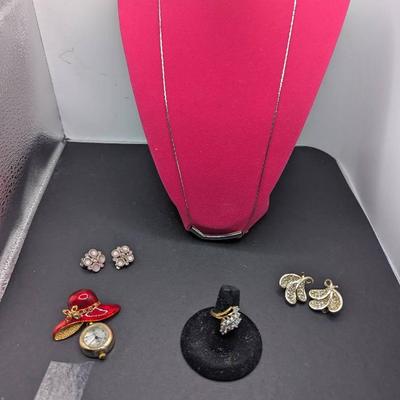 Vintage Kramer Earrings, Eoco CZ Ring, New Red Hat Brooch With Breeze Watch Plus