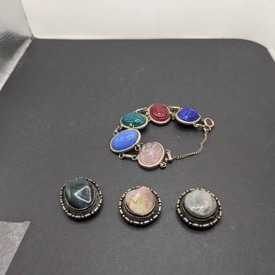 Vintage 3 Pieces To A Navajo Sterling Silver Stone Bracelet, Vintage Scarab Bracelet 